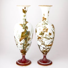 Exquisite Pair of 19th Century French Hand-Painted Opaline Glass Decorative Vase