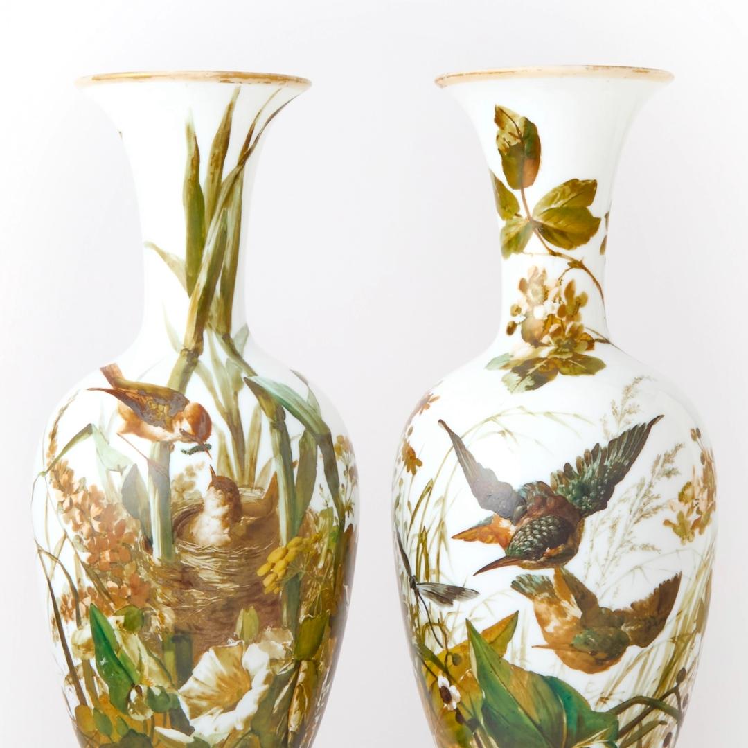 Louis XVI Exquisite Pair of 19th Century French Hand-Painted Opaline Glass Decorative Vase For Sale