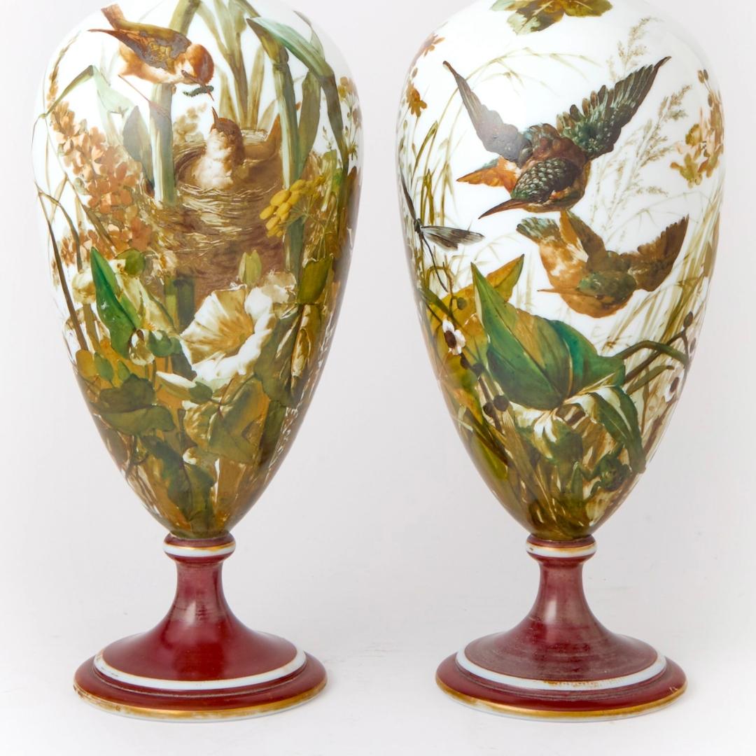 Gilt Exquisite Pair of 19th Century French Hand-Painted Opaline Glass Decorative Vase For Sale