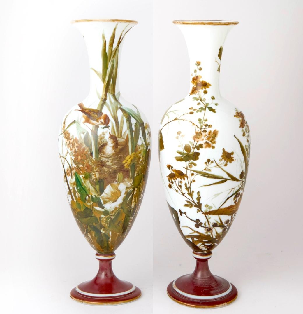 Early 19th Century Exquisite Pair of 19th Century French Hand-Painted Opaline Glass Decorative Vase For Sale