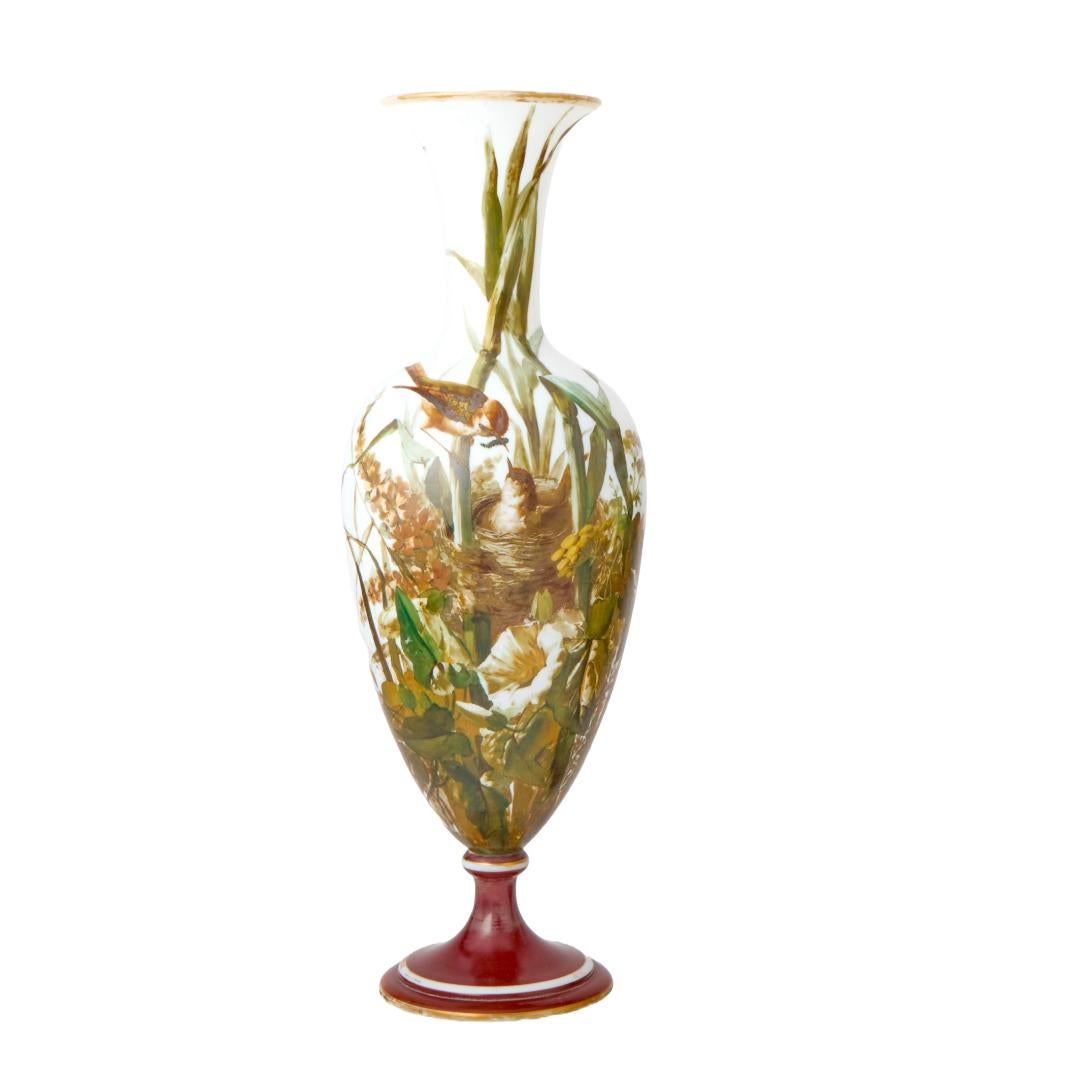 Exquisite Pair of 19th Century French Hand-Painted Opaline Glass Decorative Vase For Sale 1