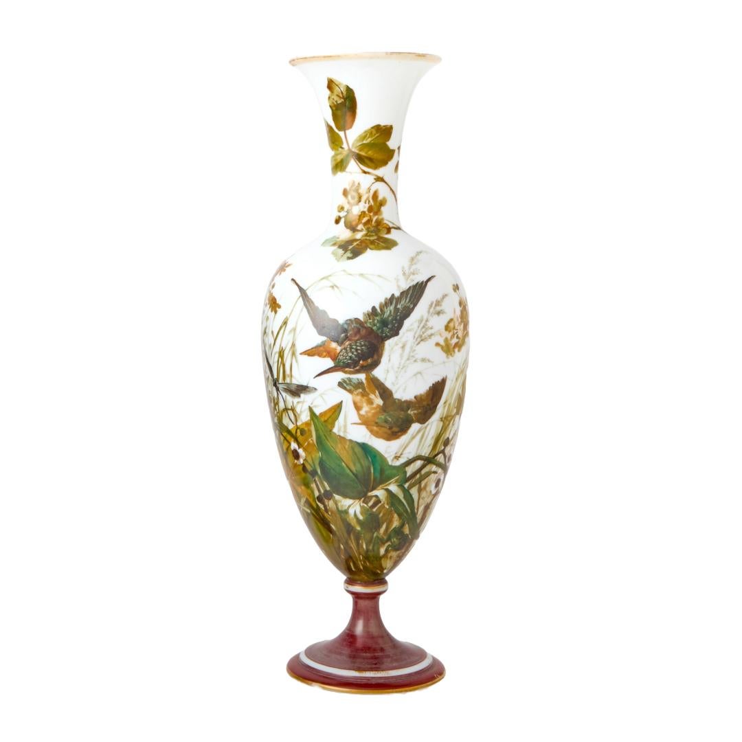 Exquisite Pair of 19th Century French Hand-Painted Opaline Glass Decorative Vase For Sale 2