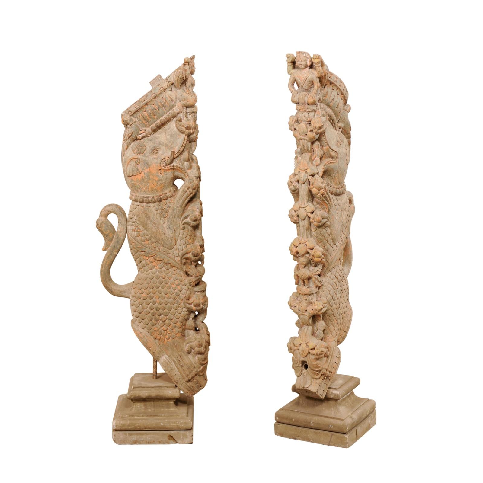 Exquisite Pair of 19th Century Hand Carved Hindu Temple Struts, South India For Sale