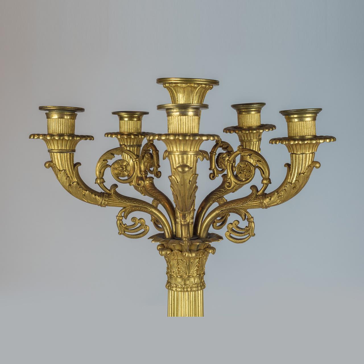 French Exquisite Pair of 19th Century Six-light Gilt Bronze Empire Candelabras For Sale