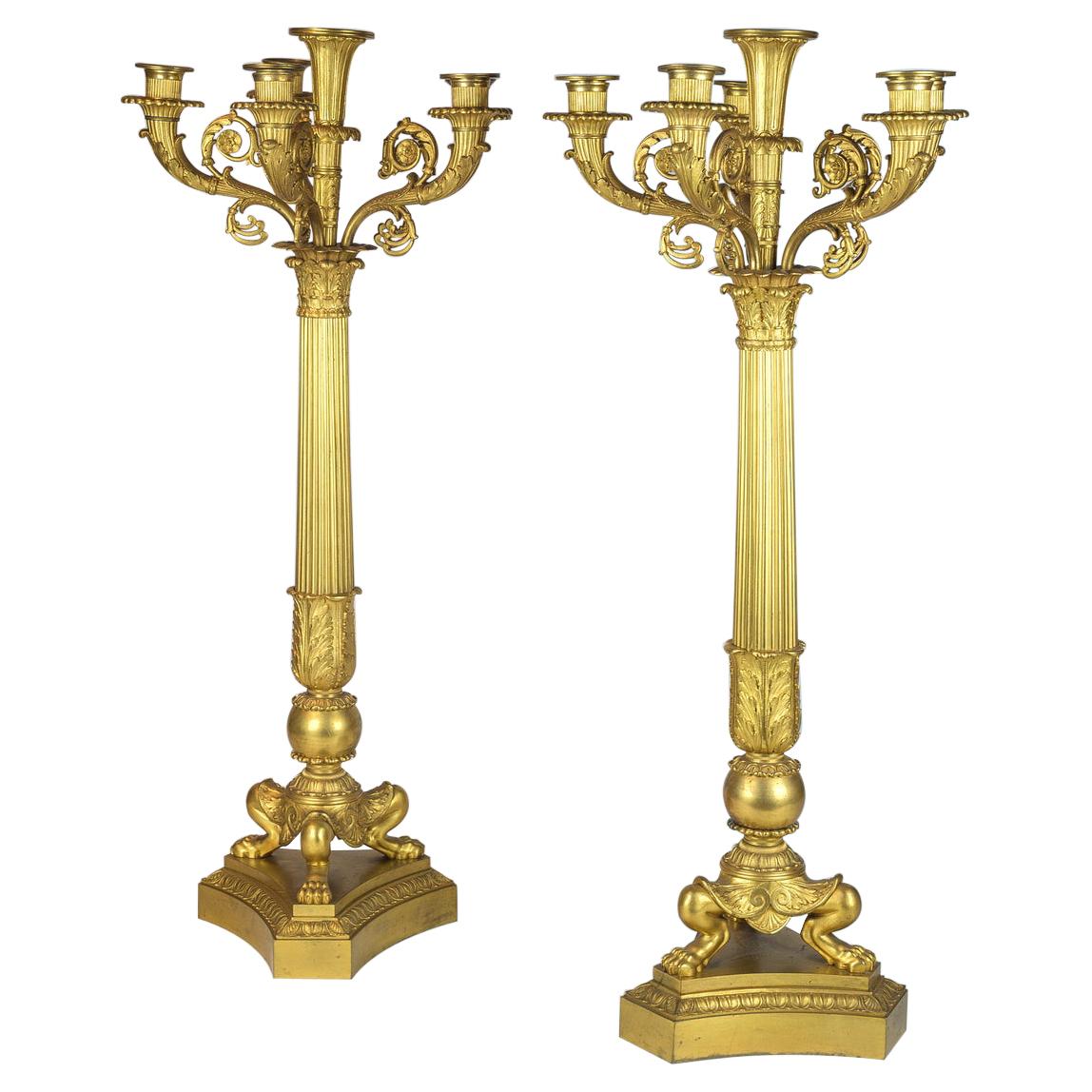 Exquisite Pair of 19th Century Six-light Gilt Bronze Empire Candelabras For Sale