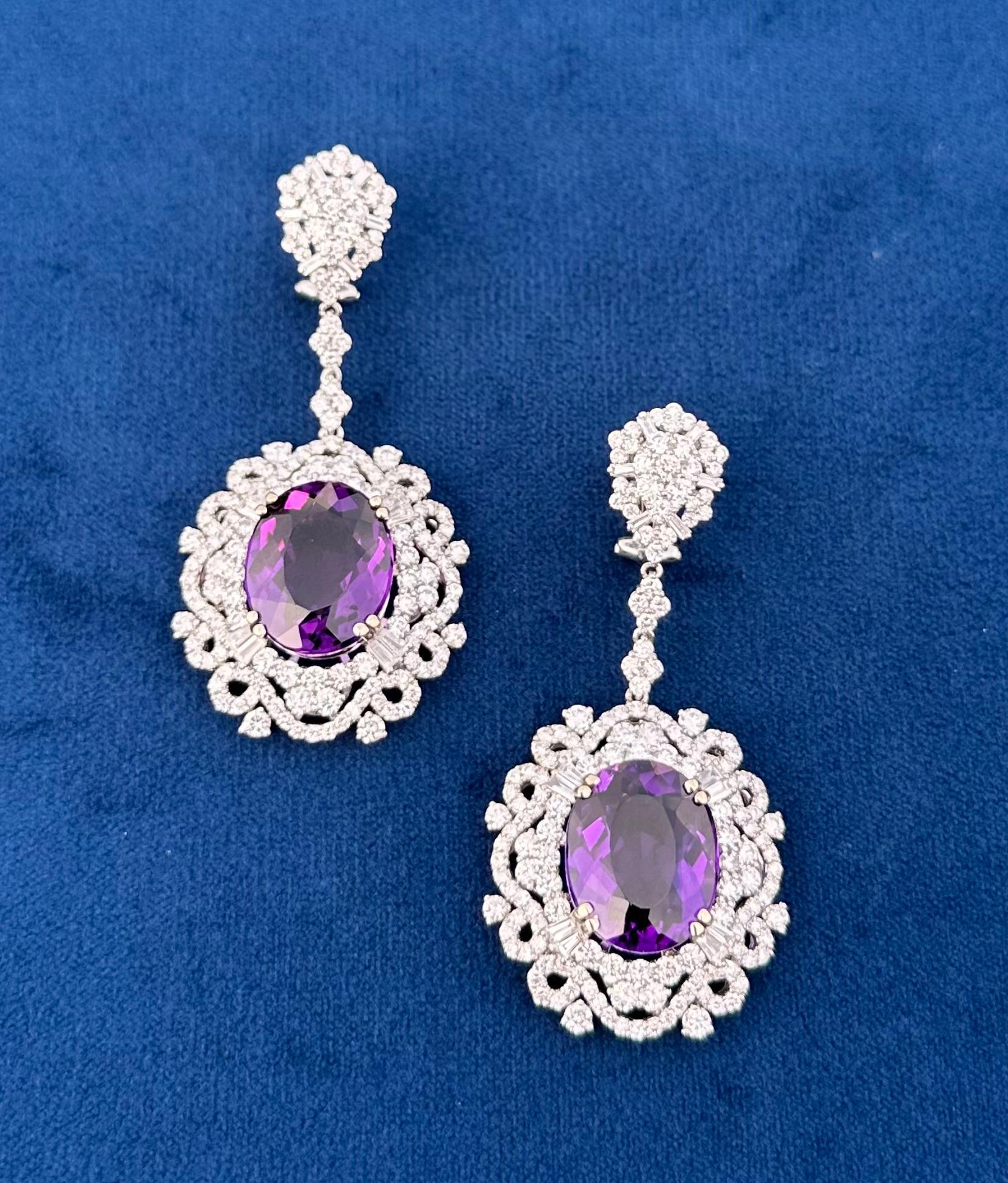 Artisan Exquisite Pair of 42.49 Carat Amethyst and Diamond 18K White Gold Earrings For Sale