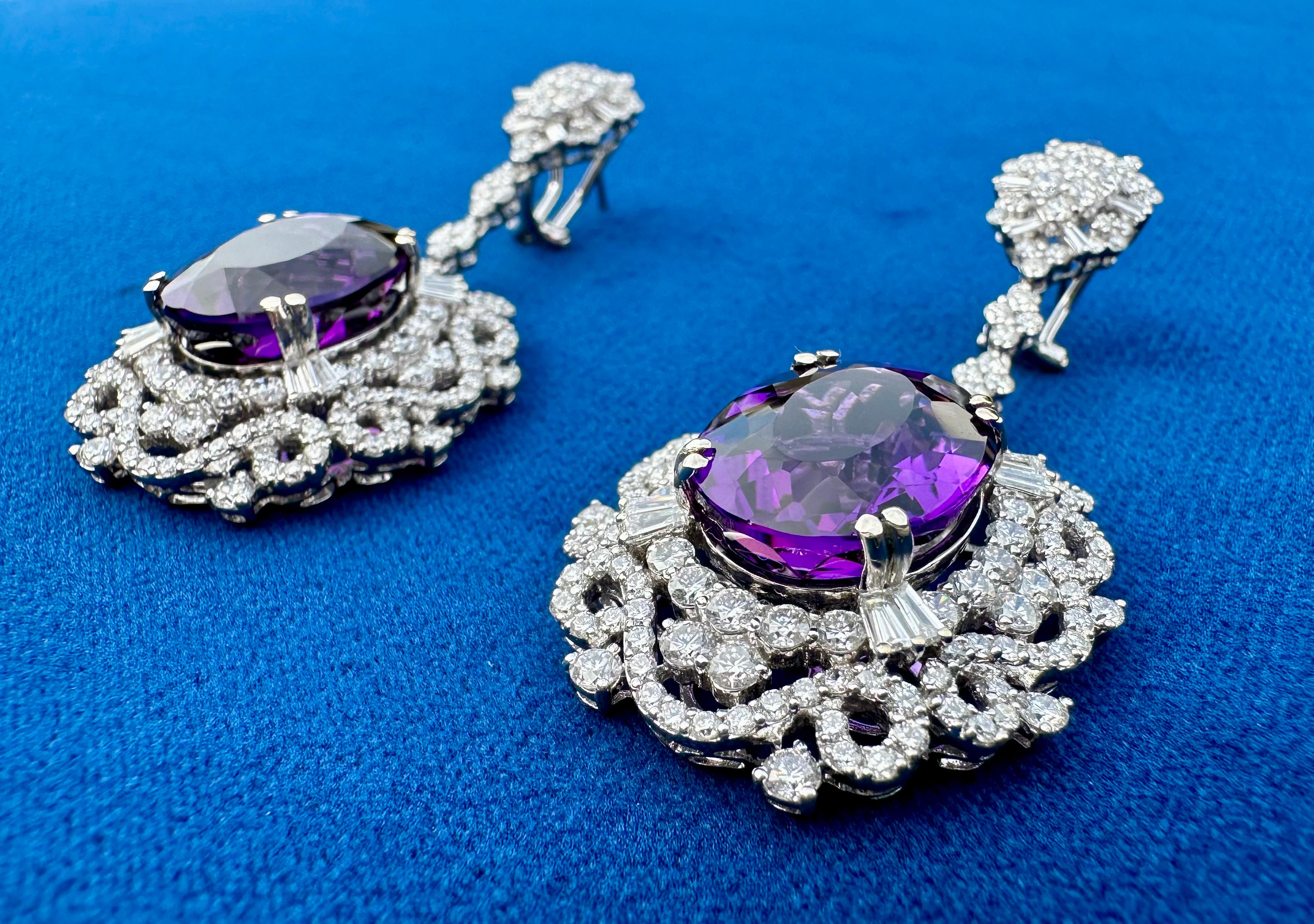 Oval Cut Exquisite Pair of 42.49 Carat Amethyst and Diamond 18K White Gold Earrings For Sale