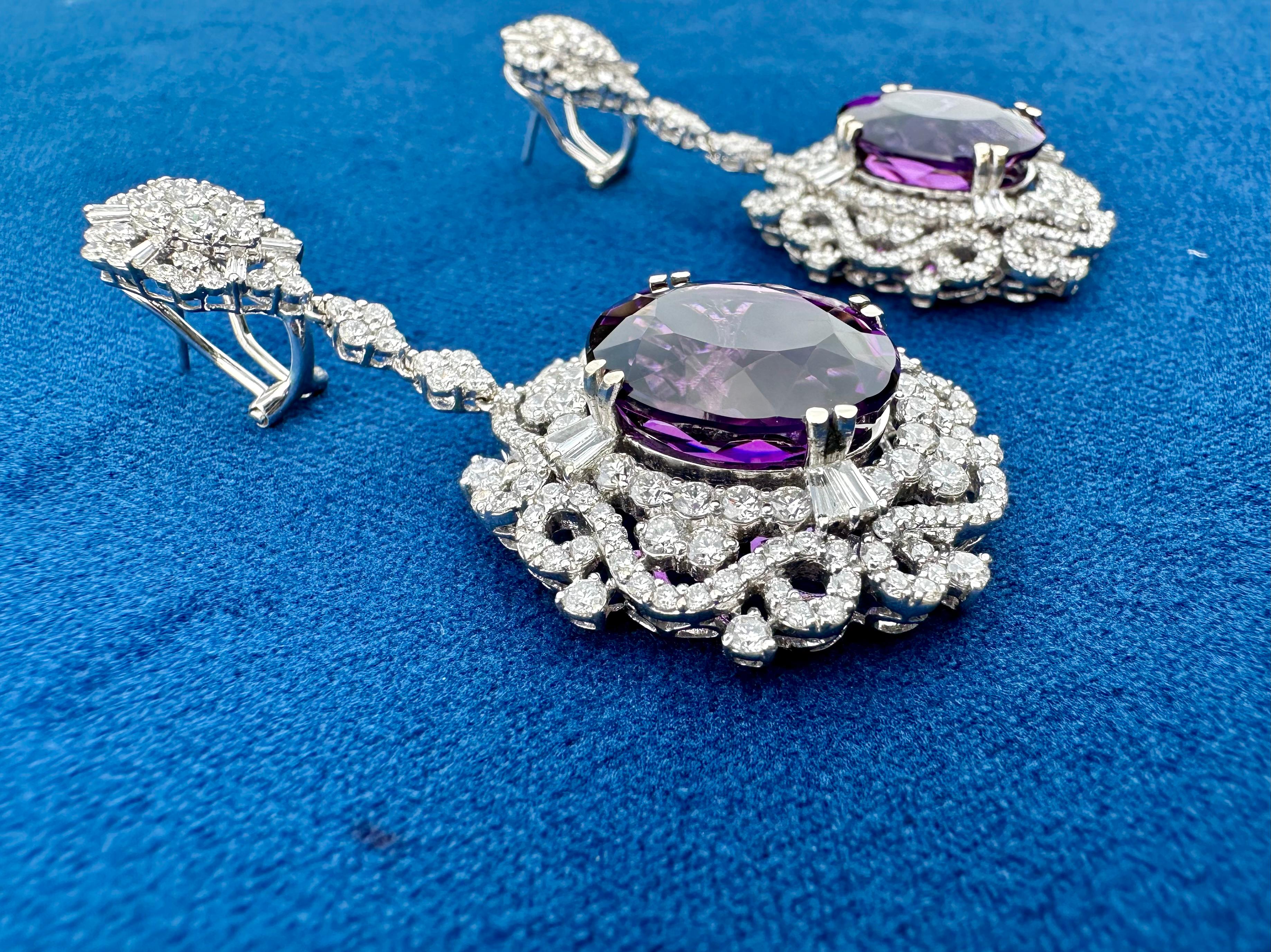 Exquisite Pair of 42.49 Carat Amethyst and Diamond 18K White Gold Earrings In Excellent Condition For Sale In Tustin, CA