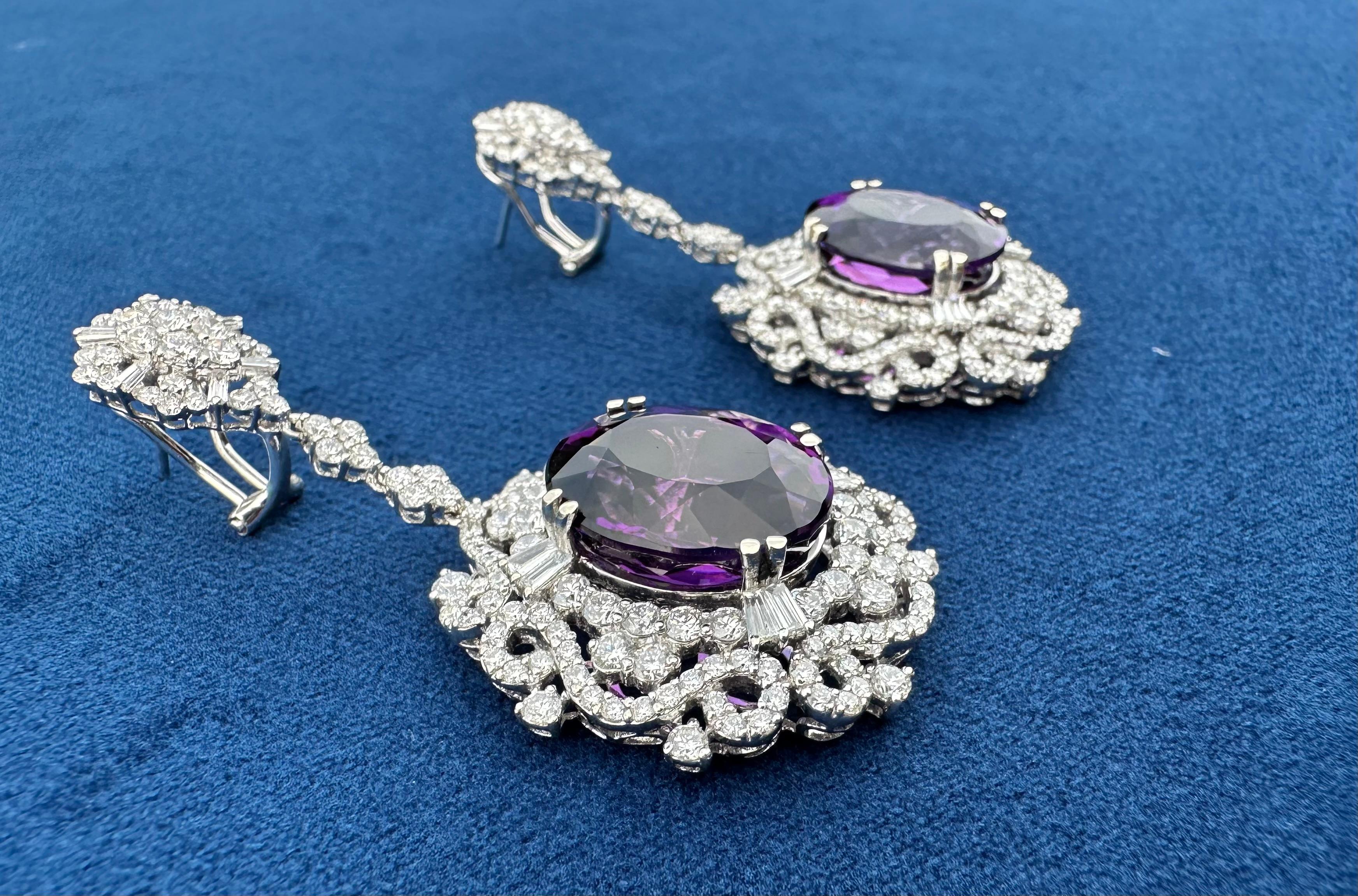 Women's Exquisite Pair of 42.49 Carat Amethyst and Diamond 18K White Gold Earrings For Sale