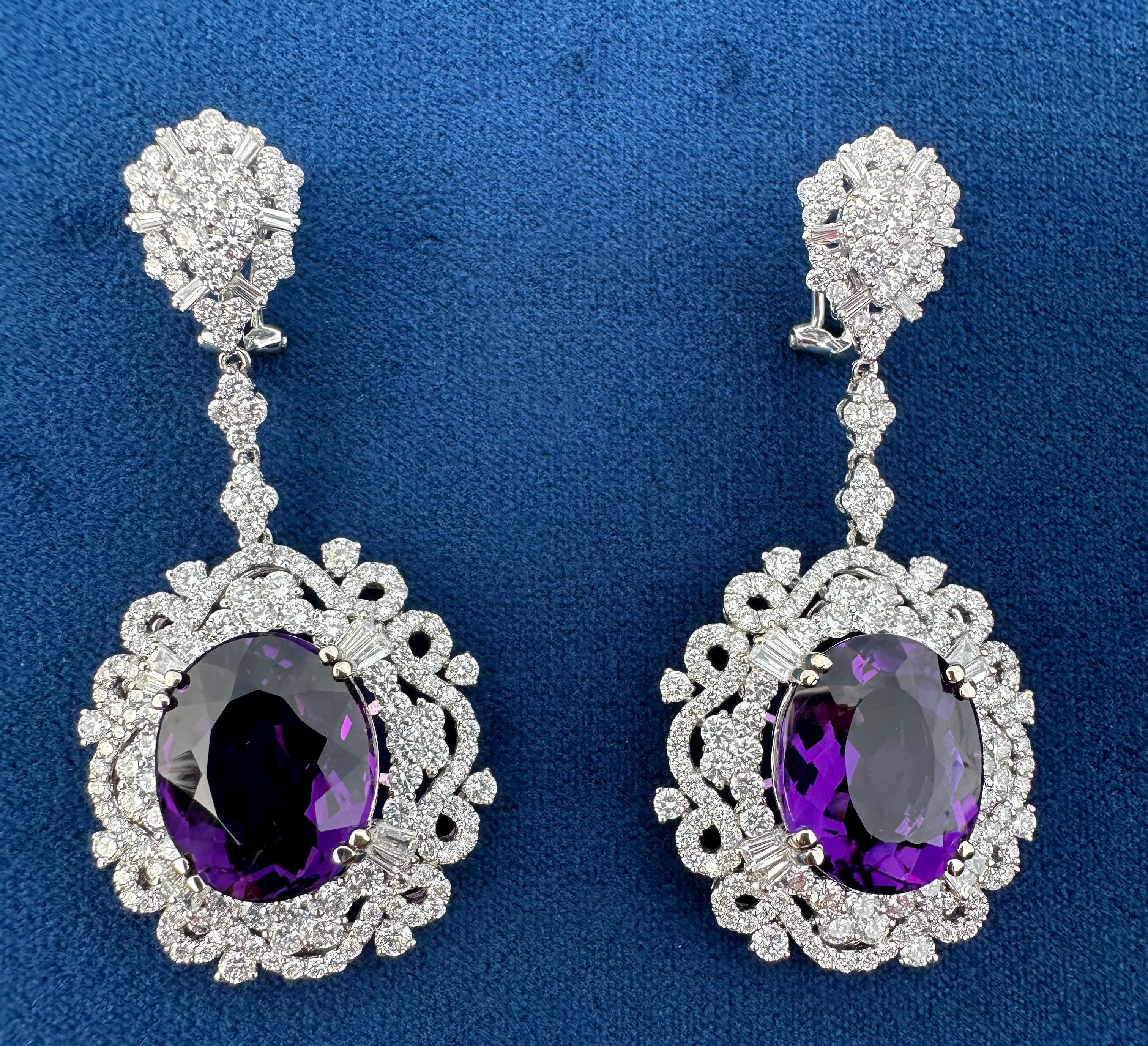 Exquisite Pair of 42.49 Carat Amethyst and Diamond 18K White Gold Earrings For Sale 1