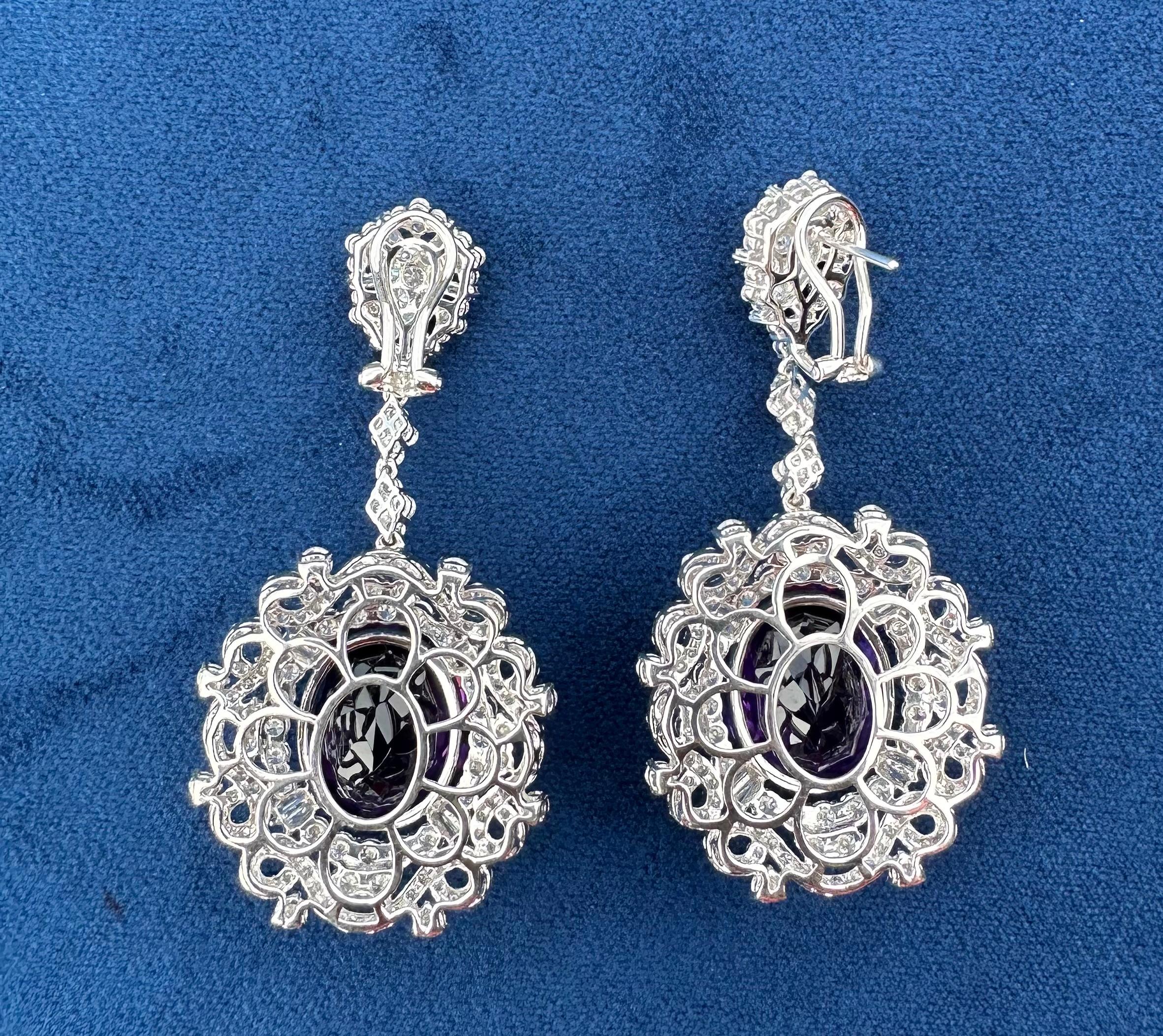 Exquisite Pair of 42.49 Carat Amethyst and Diamond 18K White Gold Earrings For Sale 2