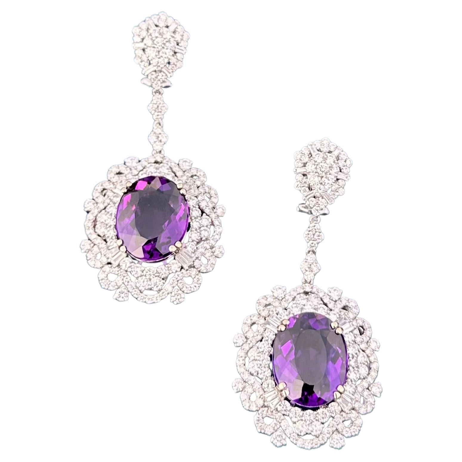 Exquisite Pair of 42.49 Carat Amethyst and Diamond 18K White Gold Earrings For Sale