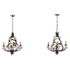 Exquisite pair of antique  20th century Italian chandeliers with glass flowers