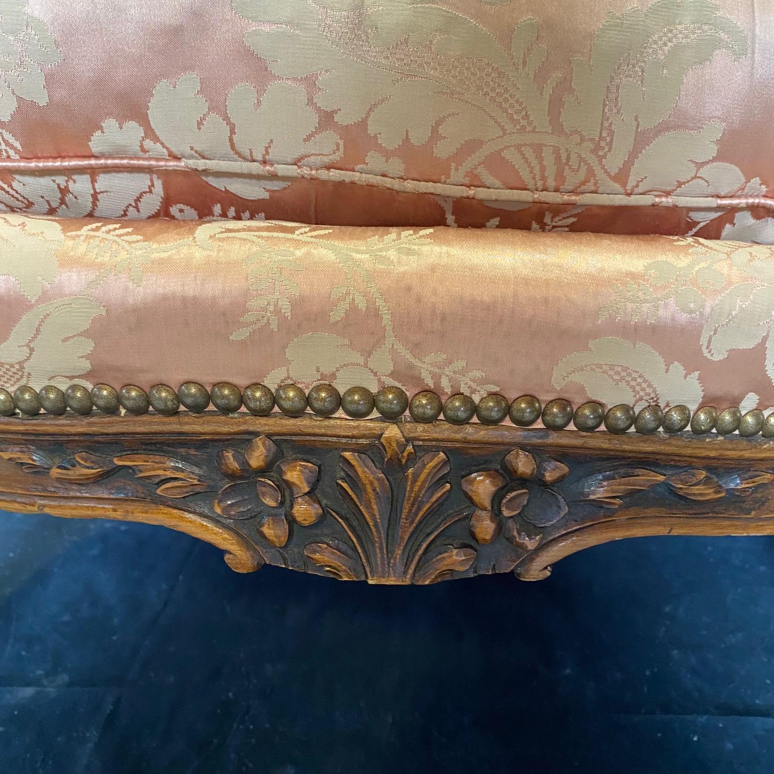 Damask Exquisite Pair of Antique Louis XV Carved Walnut Bergere Chairs or Club Chairs  For Sale