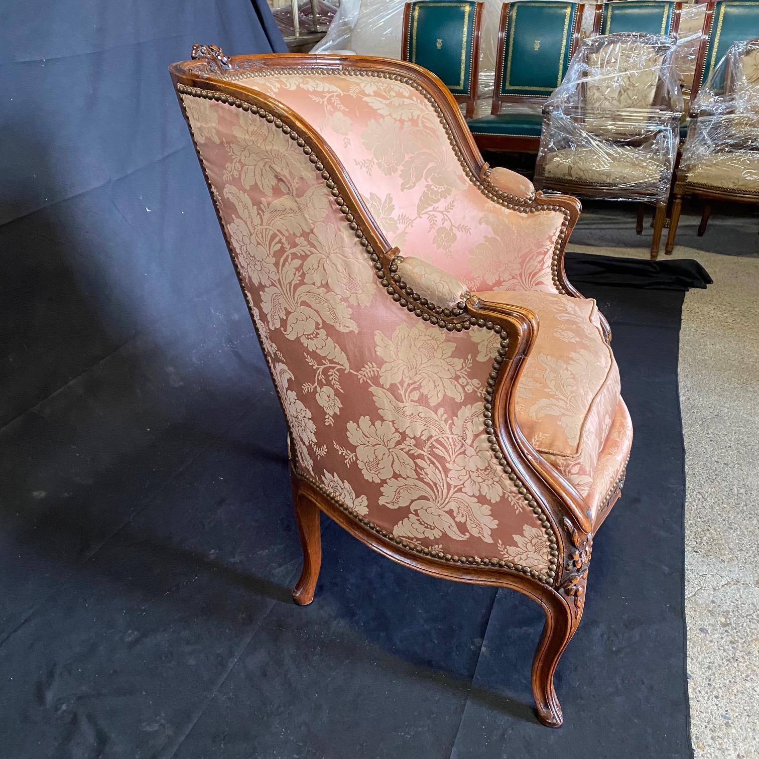 Exquisite Pair of Antique Louis XV Carved Walnut Bergere Chairs or Club Chairs  For Sale 2