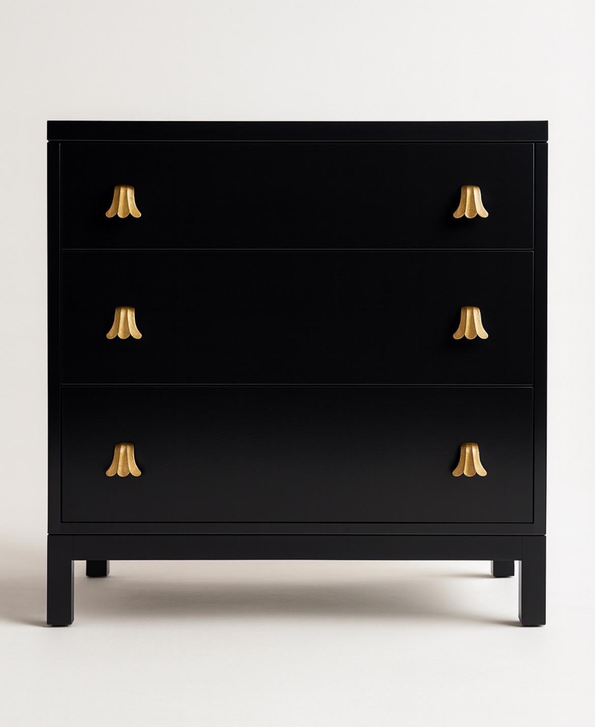 A exceptional pair of difficult to source three ( 3 ) drawer commodes by Widdicomb, circa 1940. Expertly crafted mahogany case construction. Elegant, yet functional design. This unusual case series is highlighted by the seldom found Tulip style