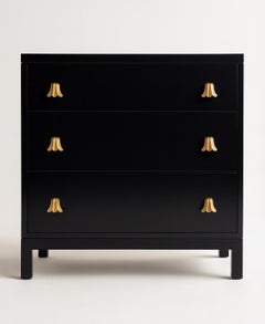 Exquisite Pair of Black Lacquer Art Deco Commodes with Tulip Pulls by Widdicomb