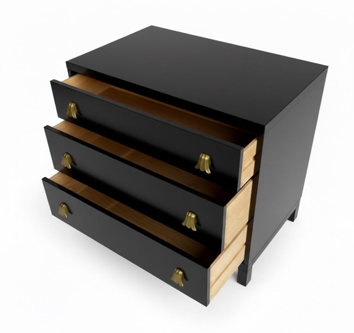 Exquisite Pair of Black Lacquer Art Deco Commodes with Tulip Pulls by Widdicomb In Excellent Condition For Sale In Atlanta, GA