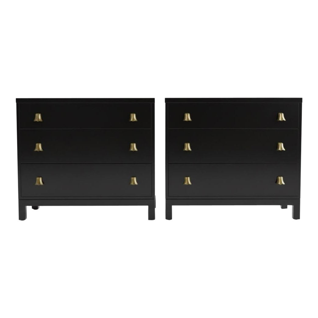 Exquisite Pair of Black Lacquer Art Deco Commodes with Tulip Pulls by Widdicomb For Sale