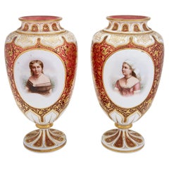 Antique Exquisite Pair of Bohemian Style Gilt-Decorated Opaque White and Ruby Glass Port