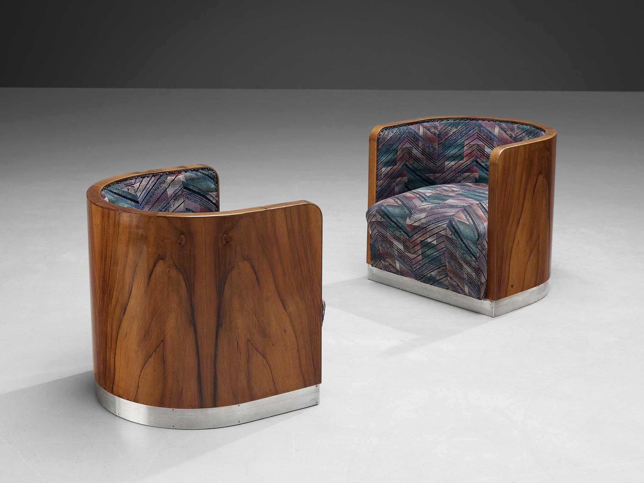 Exquisite Pair of Club Chairs in Walnut and Colorful Patterned Upholstery 1