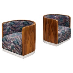 Exquisite Pair of Club Chairs in Walnut and Colorful Patterned Upholstery