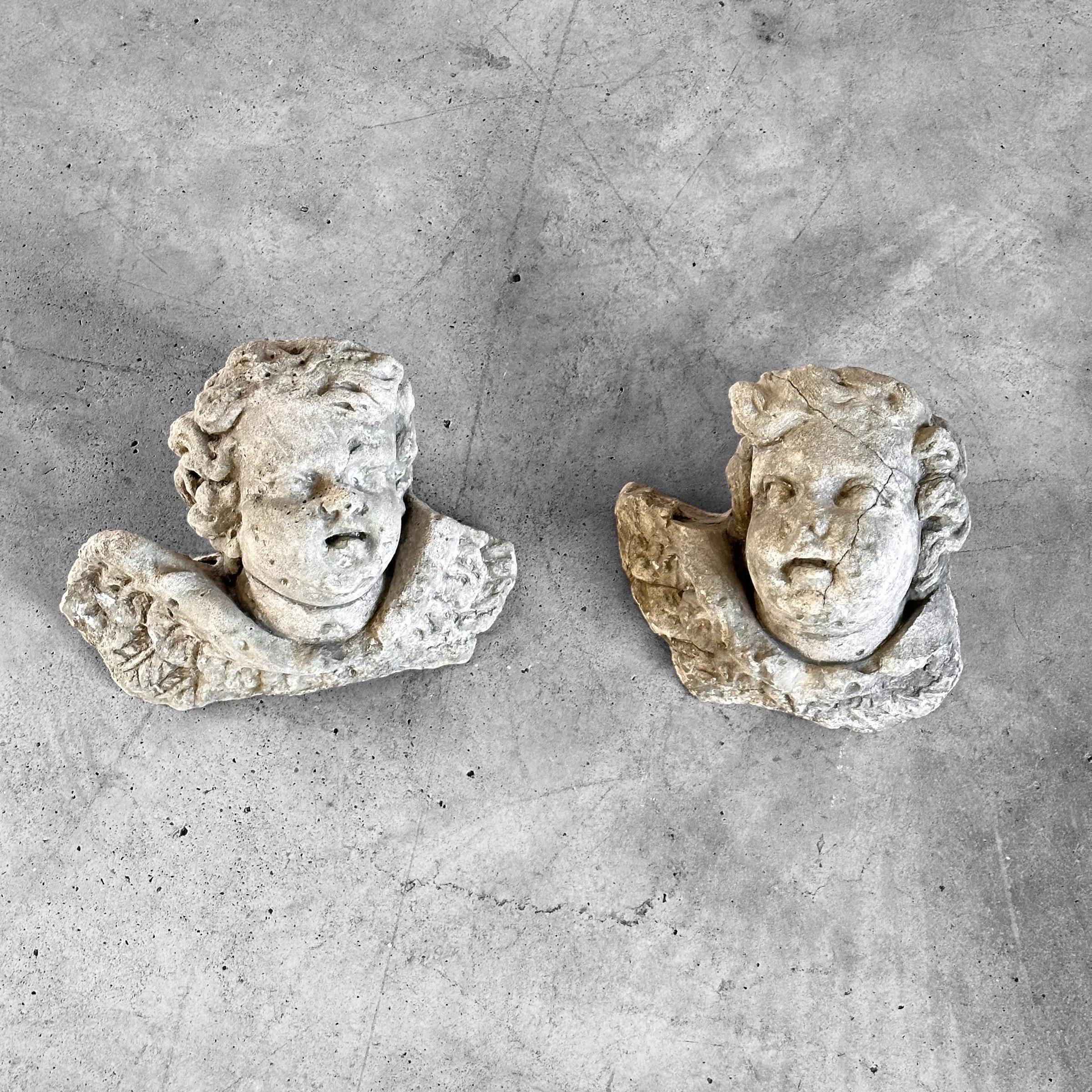 Embrace timeless elegance with this stunning pair of angel heads, originating from a majestic Liberty villa of the 1930s. Crafted with meticulous detail and employing a captivating blend of plaster and lime, these angelic visages exude a sense of
