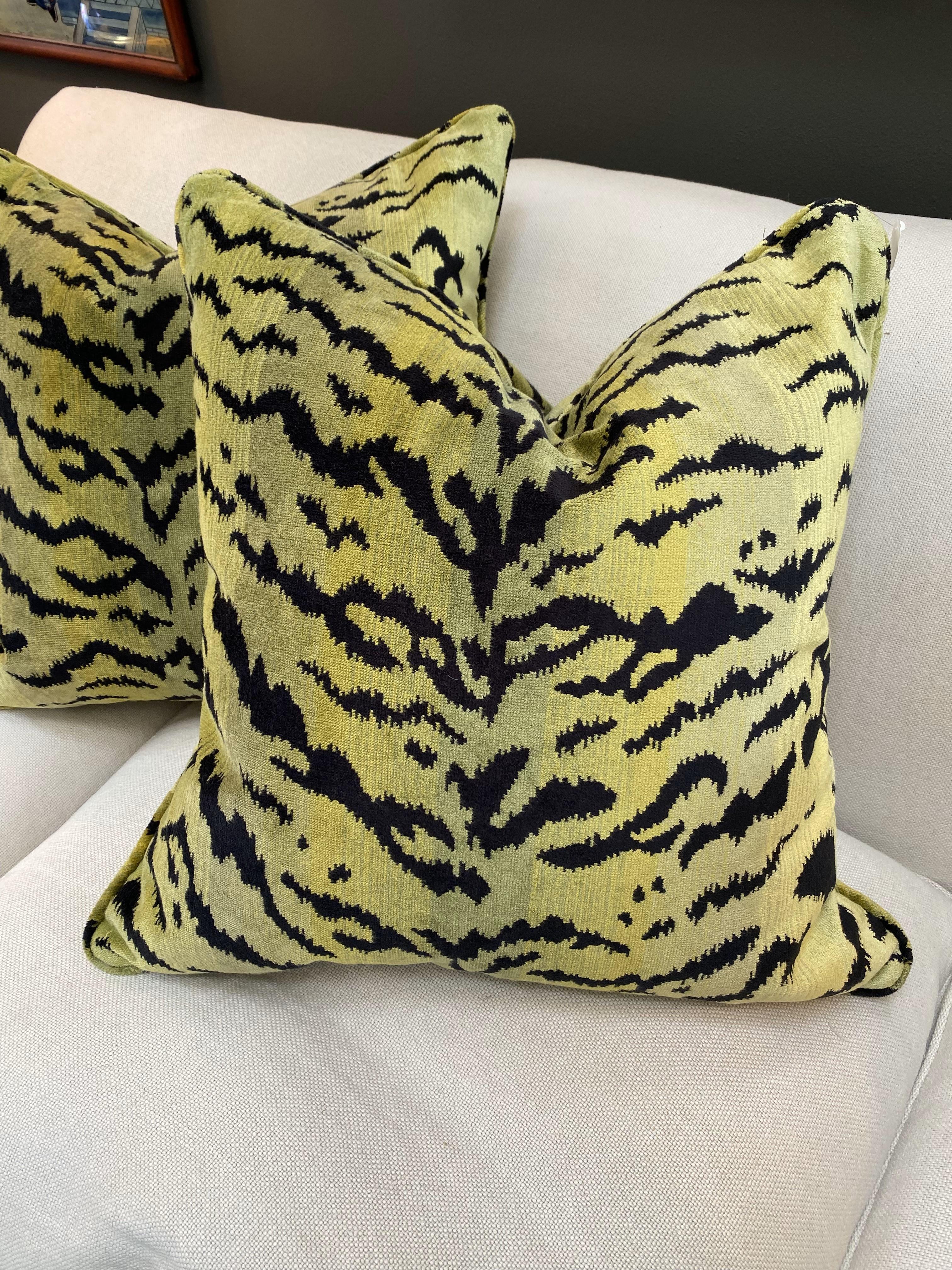 Beautiful pair of green silk-velvet down-filled tiger cushions. (Background color is green like the primary image of the pair.) 22-inch square.