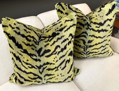 Exquisite Pair of Down-filled Green Tiger Silk-Velvet Cushions