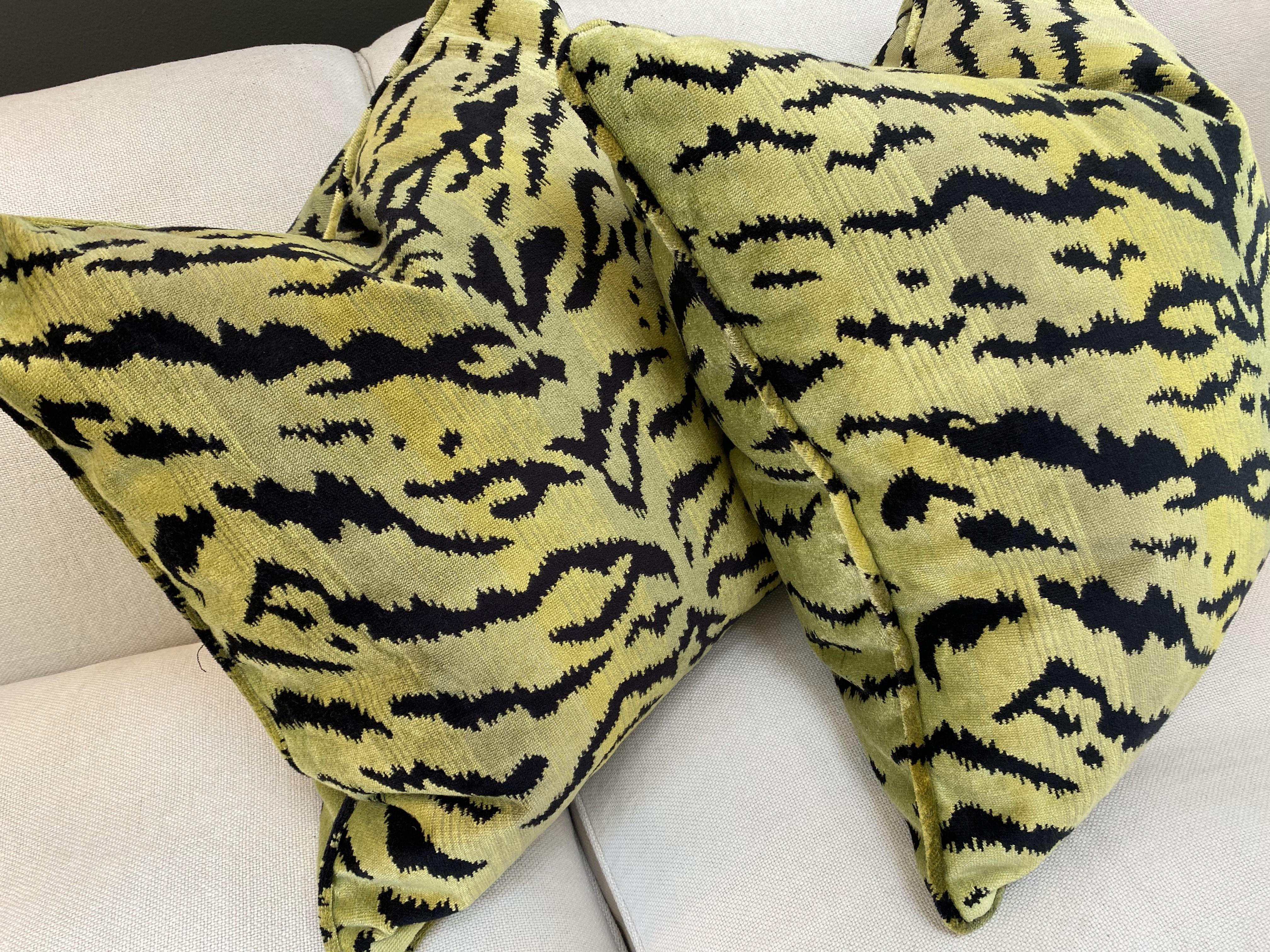 American Exquisite Pair of Down-filled Green Tiger Silk-Velvet Cushions For Sale