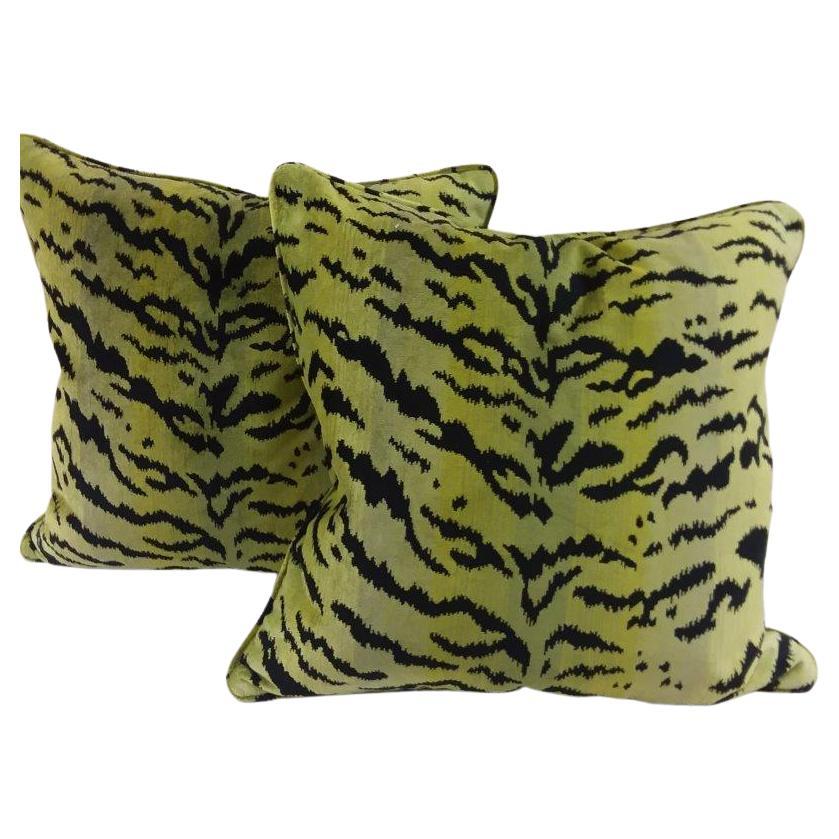 Exquisite Pair of Down-filled Green Tiger Silk-Velvet Cushions For Sale