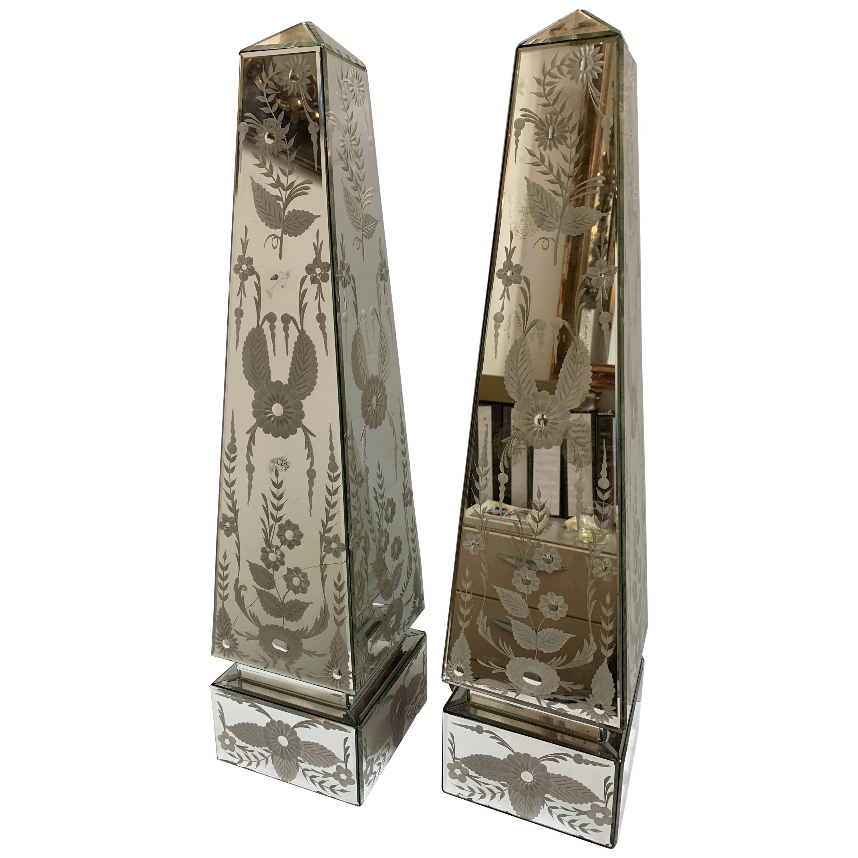 Exquisite Pair of Etched Mirrored Obelisk