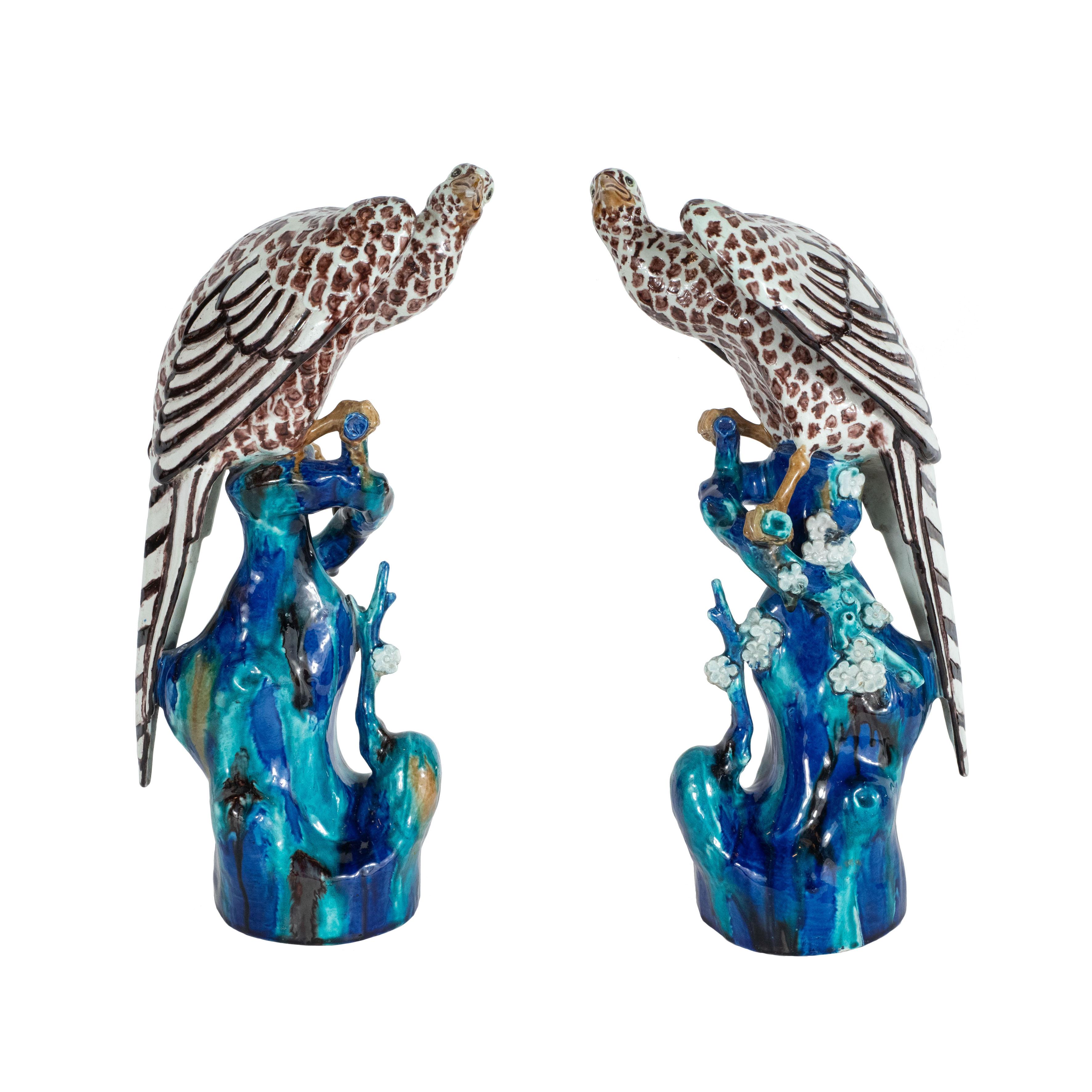 Exquisite Pair of French Art Deco Hand Painted and Glazed Ceramic Falcons