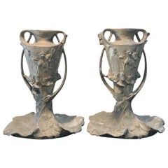 Exquisite Pair of French Art Nouveau Pewter Vases