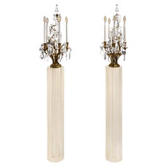 Exquisite Pair of French Candelabra Floor Lamps in Bronze with Crystals 1950s