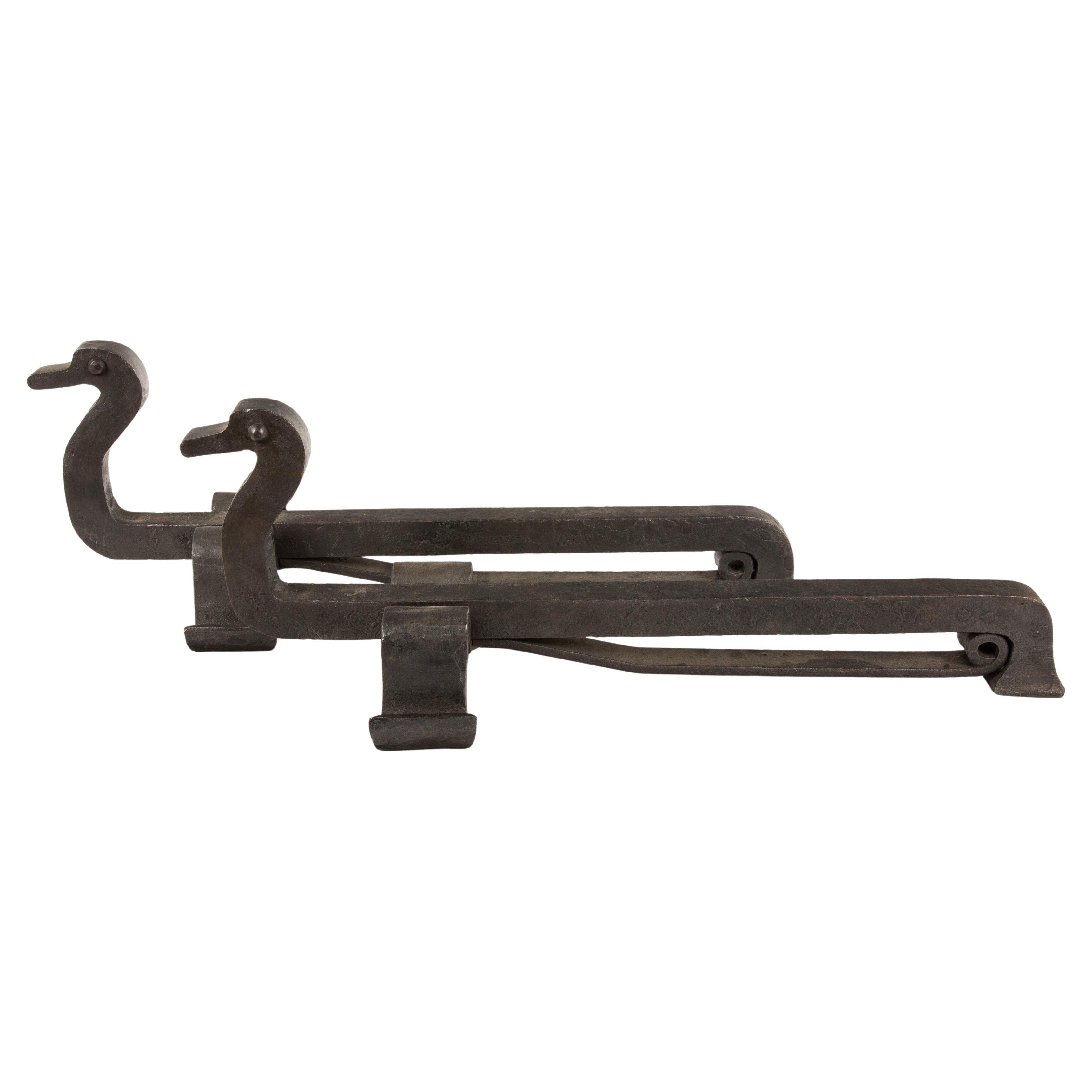 Exquisites Paar französischer Andirons in Entenform aus handgeschmiedetem Eisen im Angebot