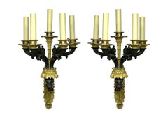 Exquisite Pair Of French Empire Black & Dore Bronze 5 Light Electrified Sconces