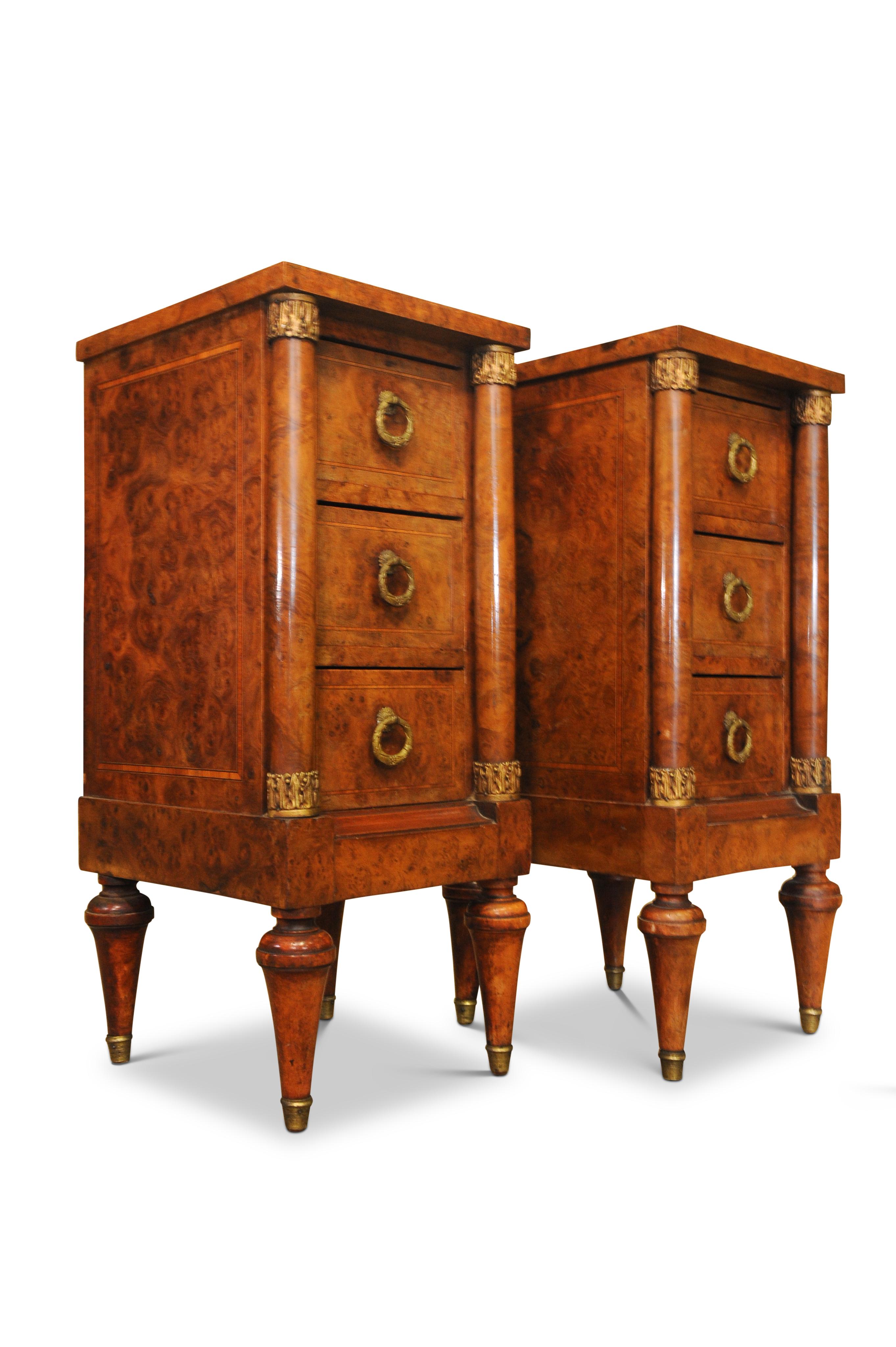 Exquisite Pair of French Empire Design Figured Walnut Three Drawer Nightstands For Sale 4
