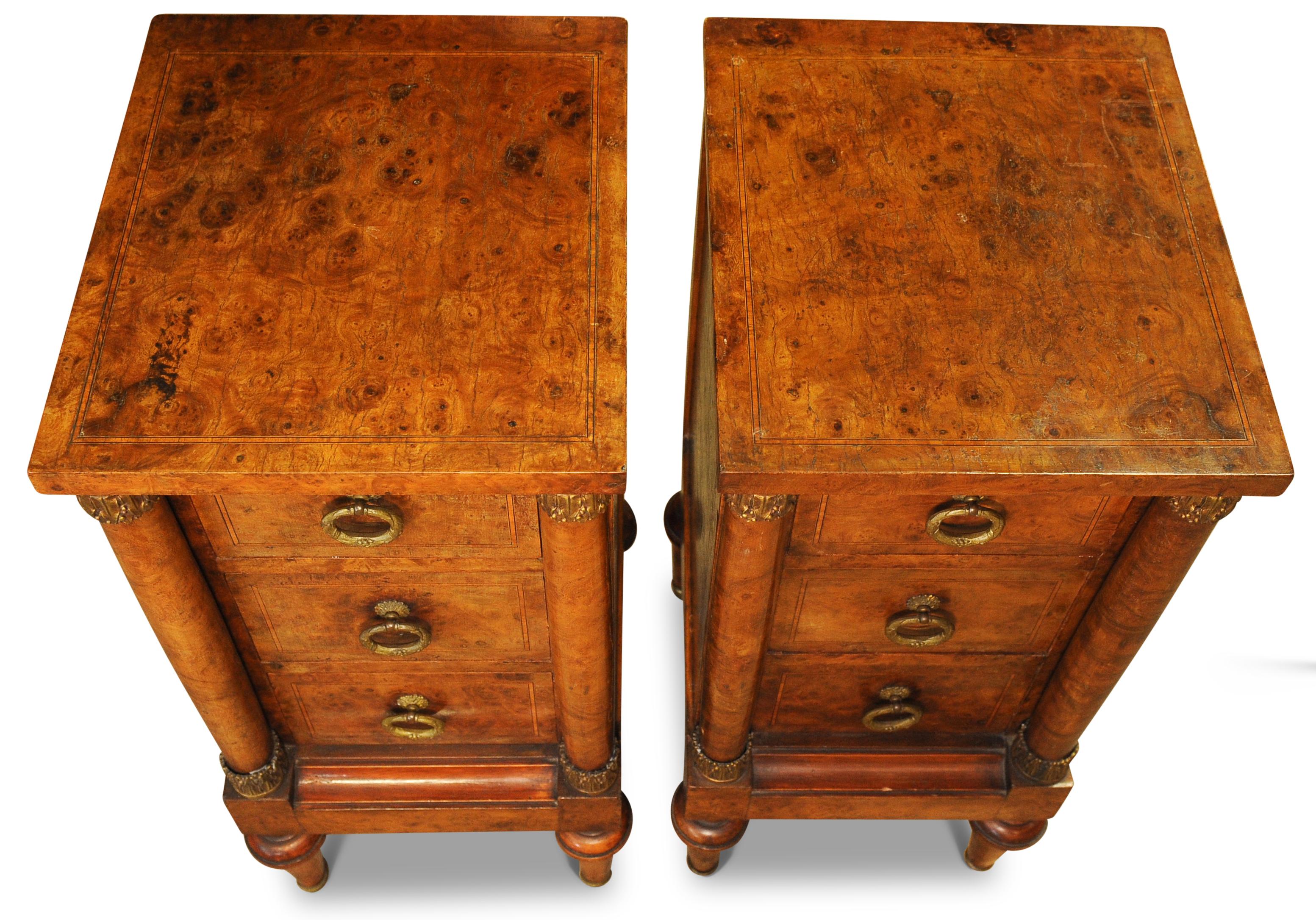 Exquisite Pair of French Empire Design Figured Walnut Three Drawer Nightstands For Sale 5