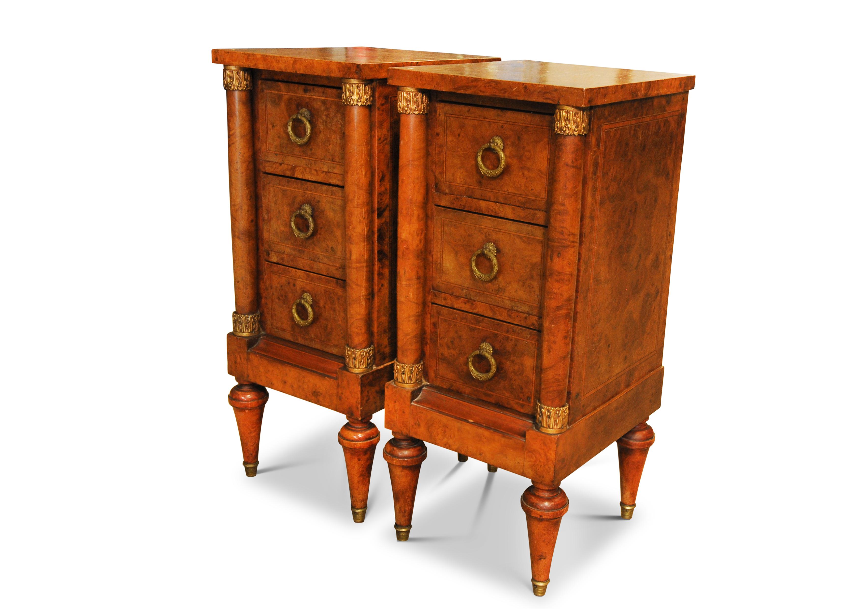 Exquisite Pair of French Empire Design Figured Walnut Three Drawer Nightstands For Sale 7