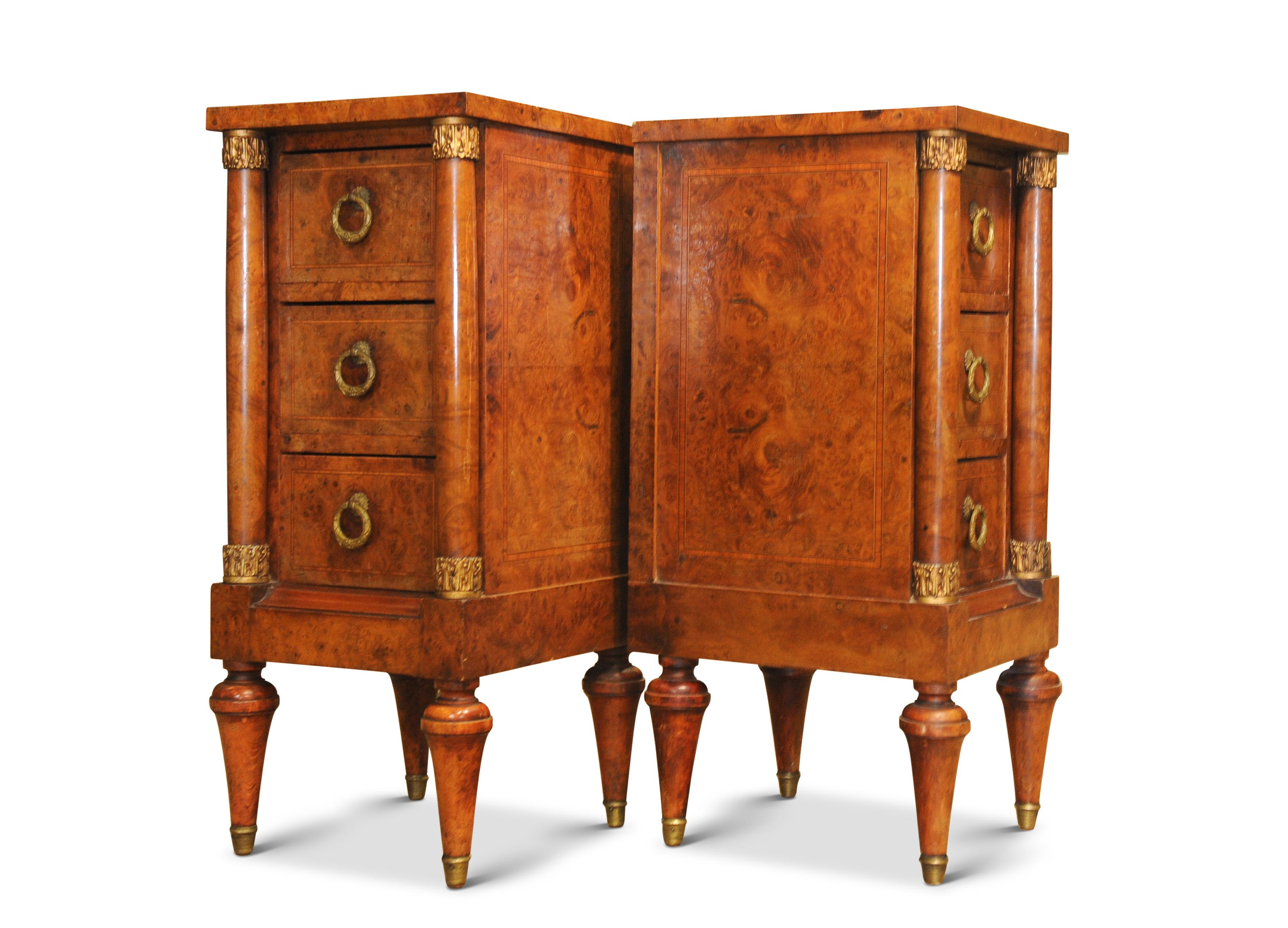 Exquisite Pair of French Empire Design Figured Walnut Three Drawer Nightstands For Sale 8