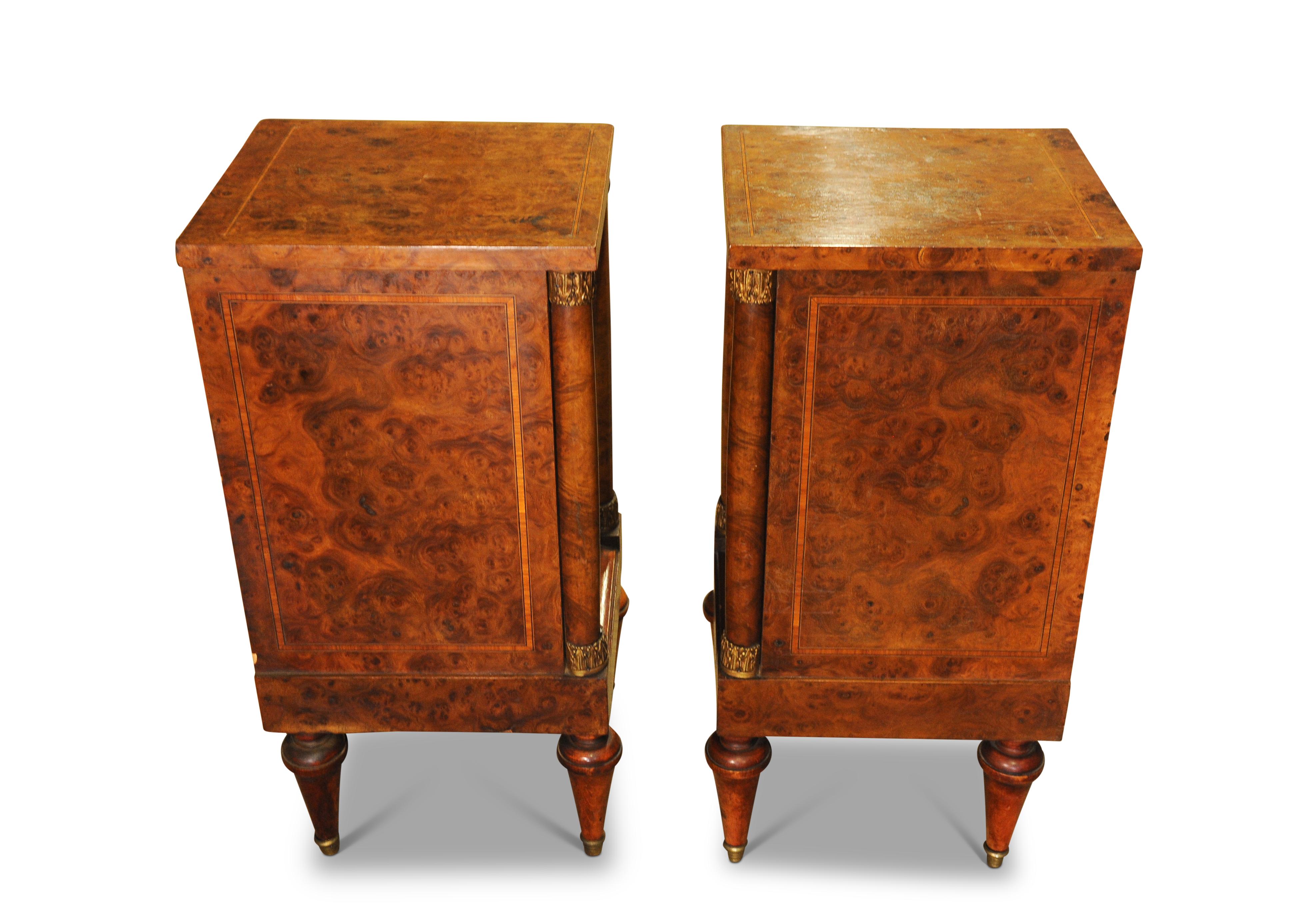 Exquisite Pair of French Empire Design Figured Walnut Three Drawer Nightstands For Sale 10