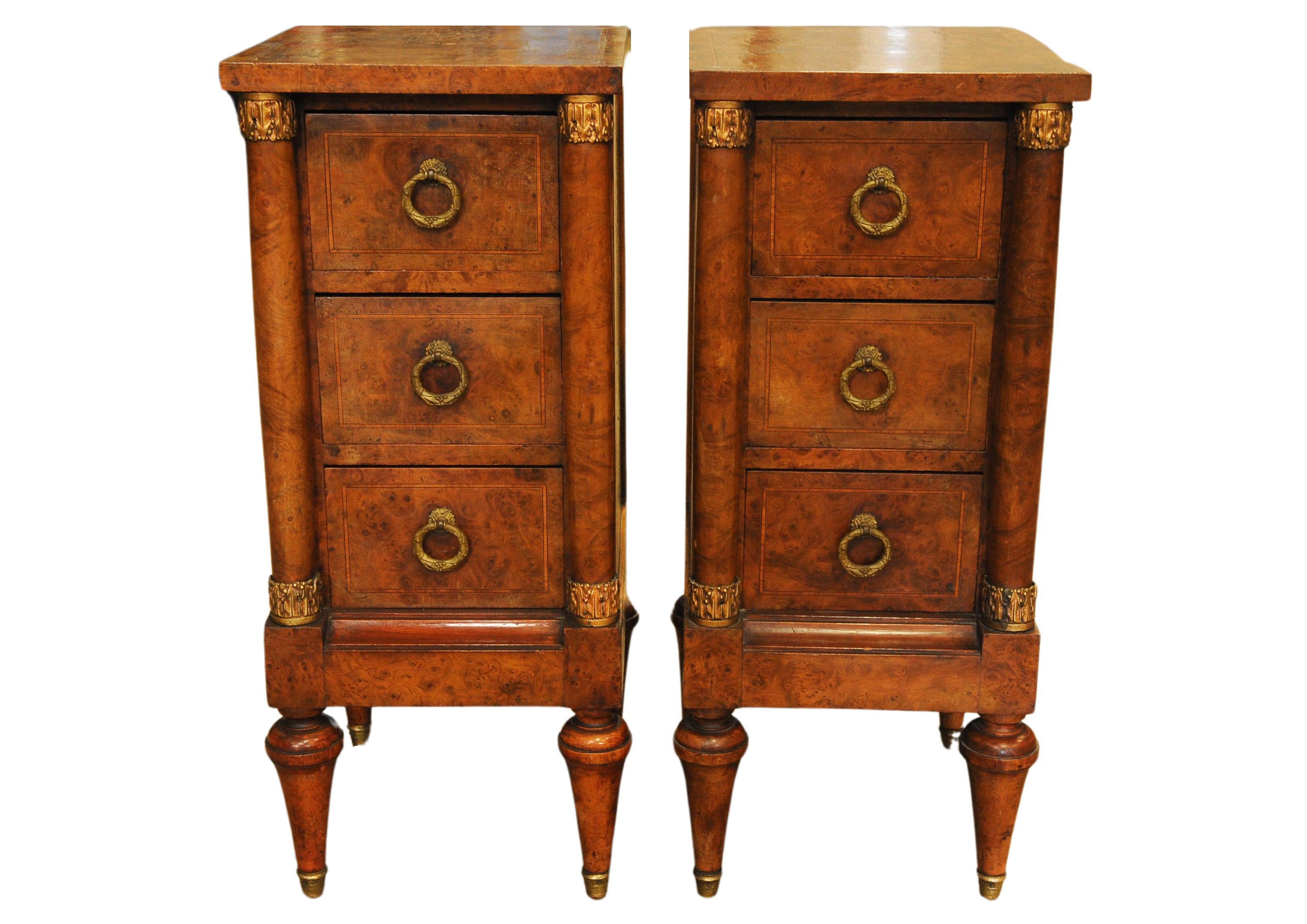 Inlay Exquisite Pair of French Empire Design Figured Walnut Three Drawer Nightstands For Sale