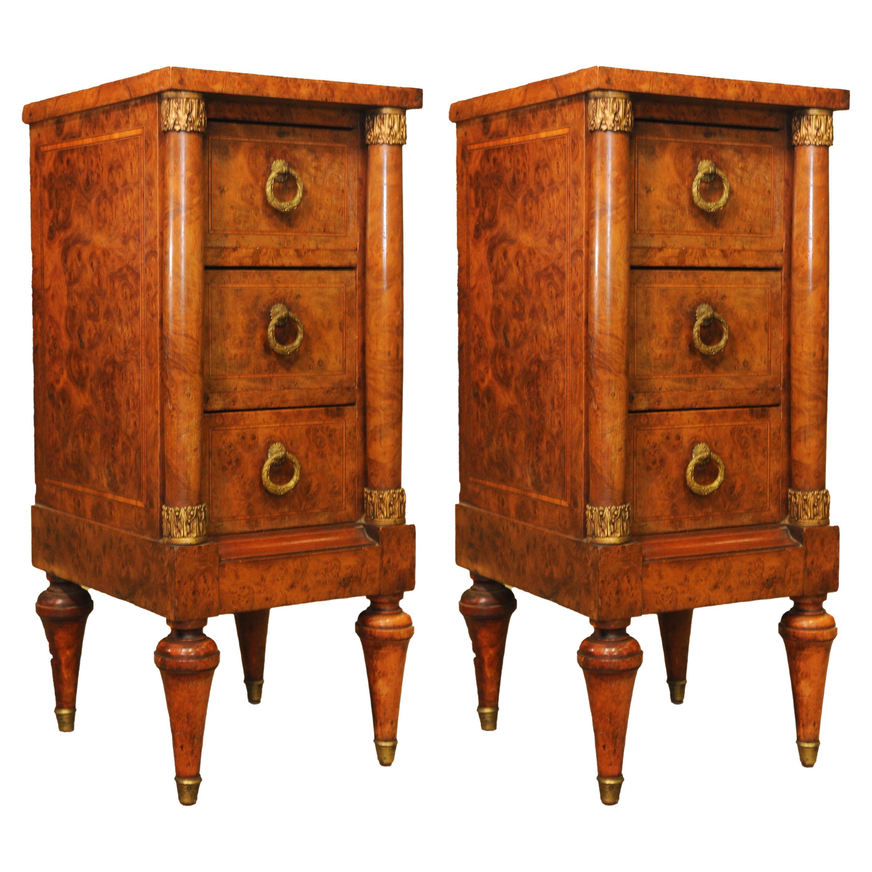 Exquisite Pair of French Empire Design Figured Walnut Three Drawer Nightstands For Sale