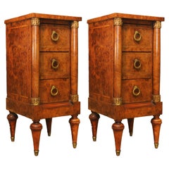 Antique Exquisite Pair of French Empire Design Figured Walnut Three Drawer Nightstands