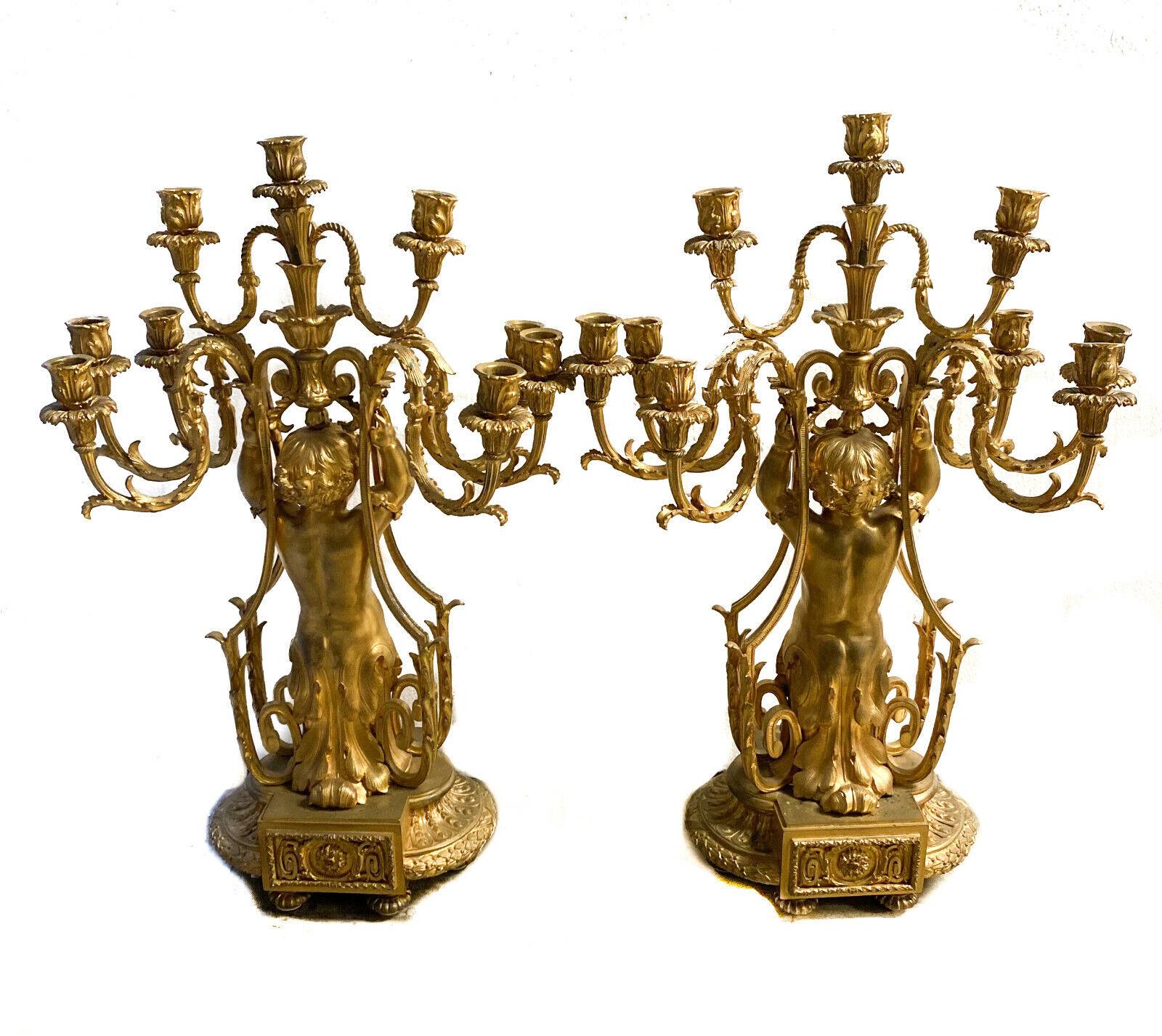 19th Century Exquisite Pair of French Gilt Bronze 9 Arm Figural Candelabras, Napoleon III For Sale