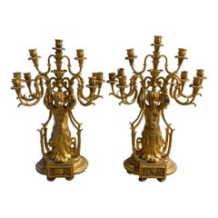 Exquisite Pair of French Gilt Bronze 9 Arm Figural Candelabras, Napoleon III
