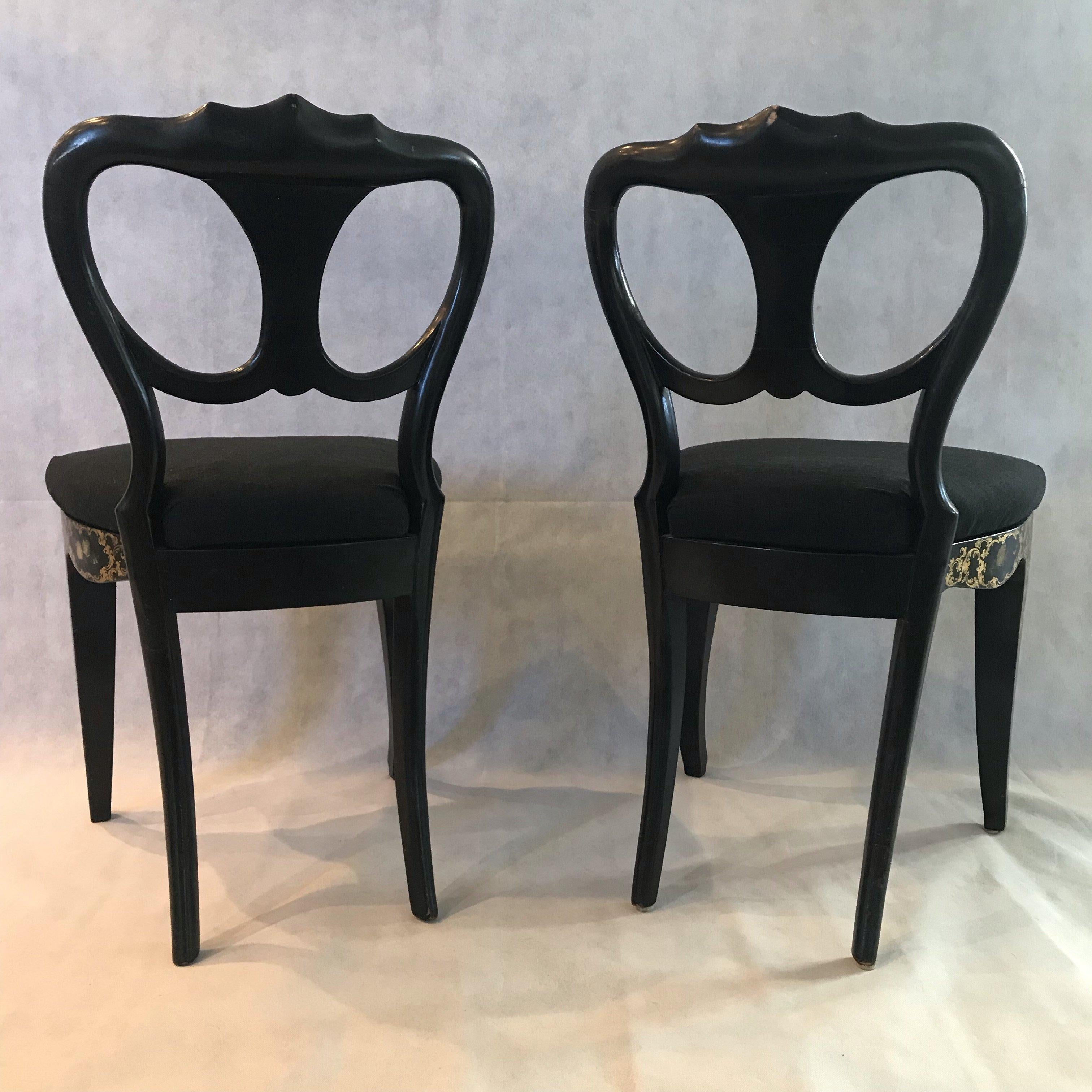 Ebonized Exquisite Pair of French Hand Painted Ebony 19th Century Chairs
