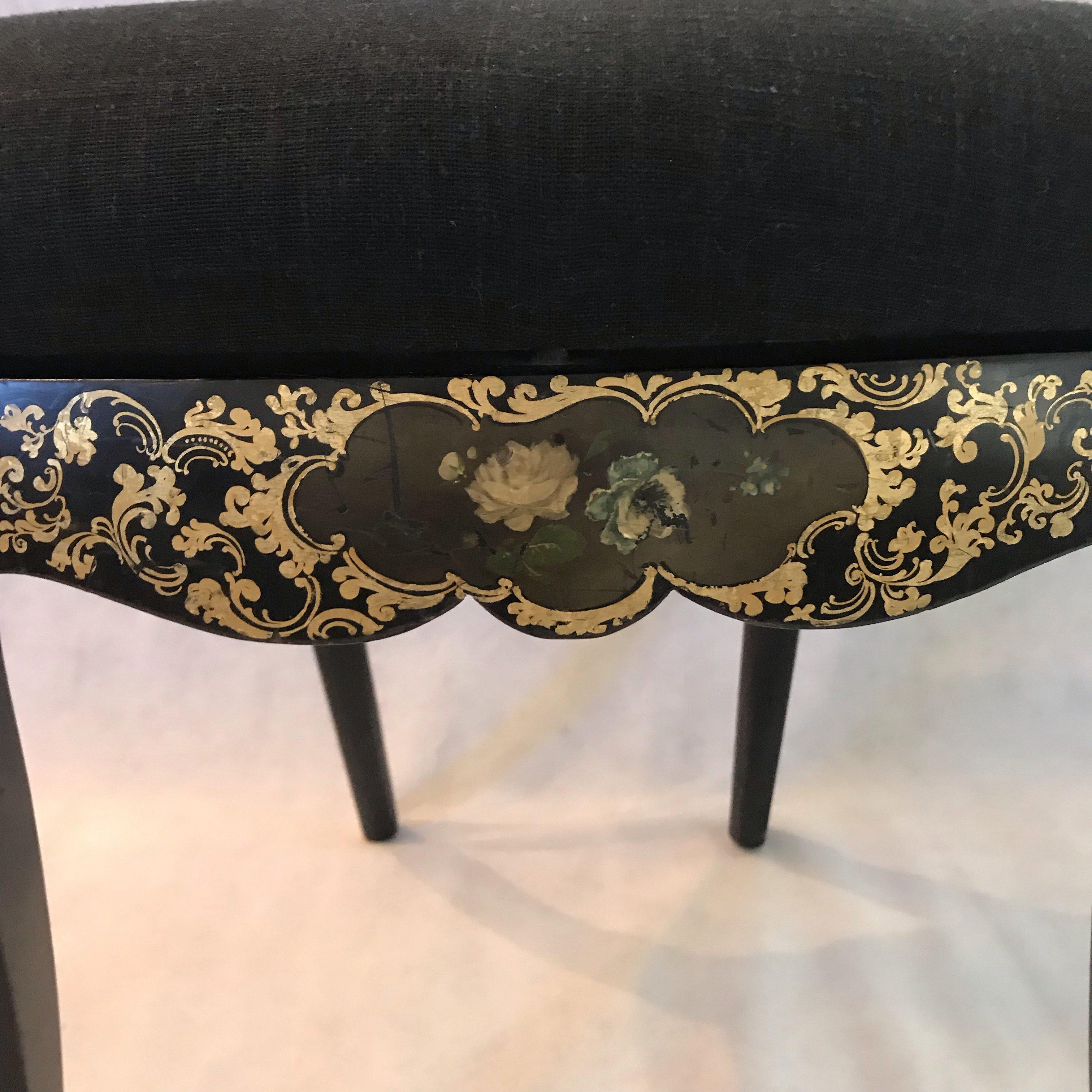 Exquisite Pair of French Hand Painted Ebony 19th Century Chairs 4