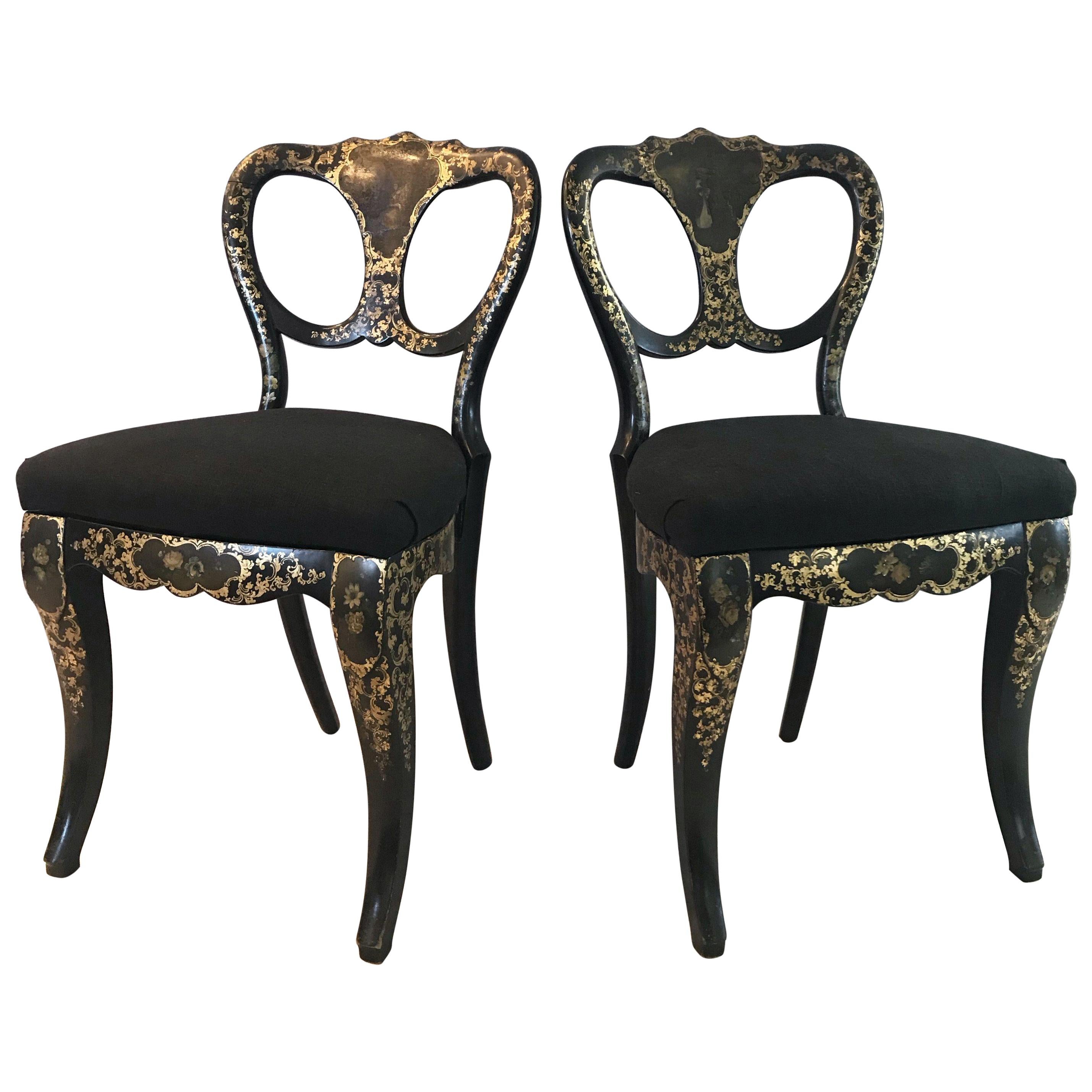 Exquisite Pair of French Hand Painted Ebony 19th Century Chairs